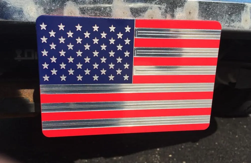 American Flag Red/Blue Machine Engraved Hitch Cover