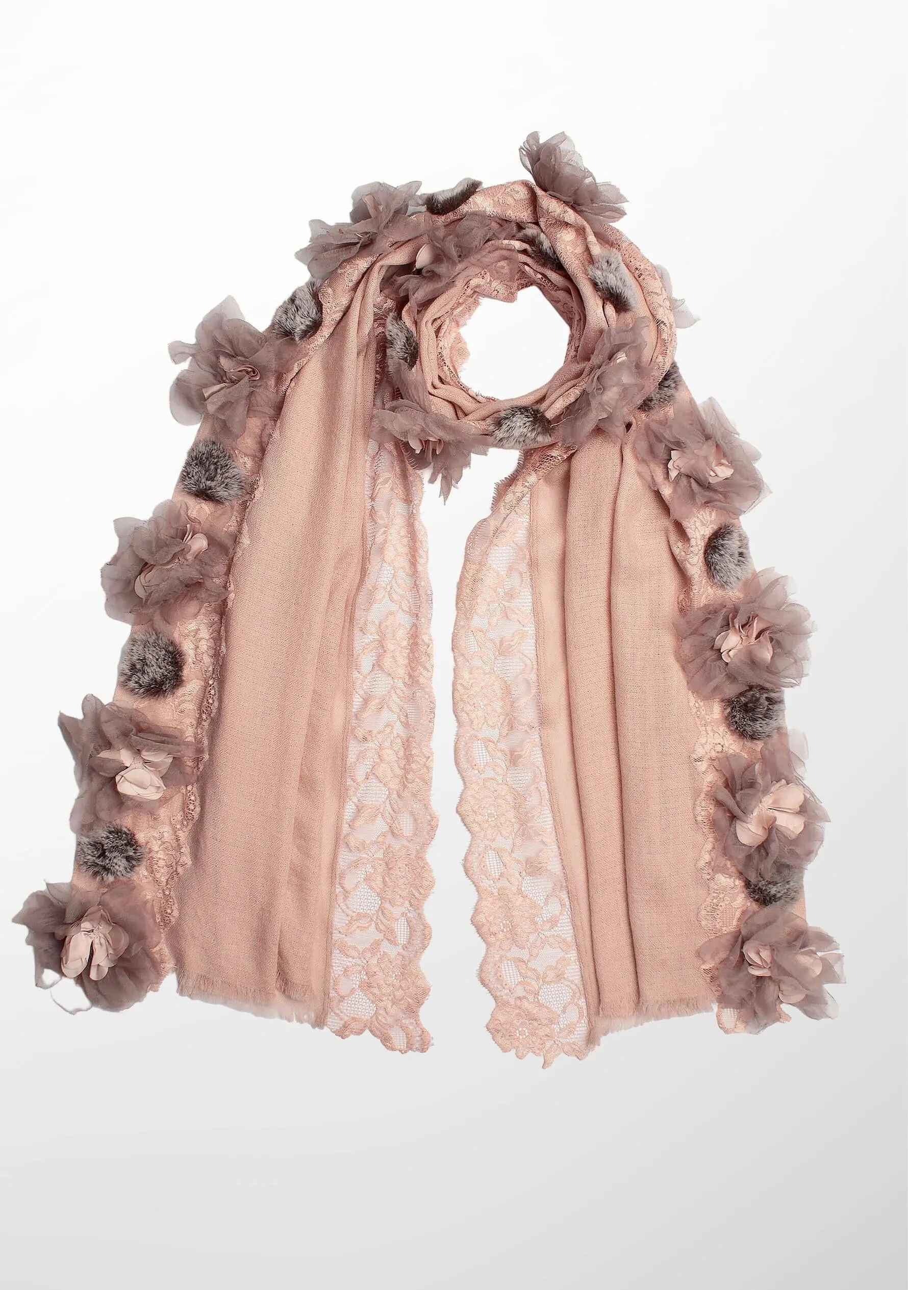 Lt. Copper Cashmere Scarf with Lt. Copper Filigiri lace, Lt. Copper 3D Floral Appliques and Grey Faux Fur Pom Poms