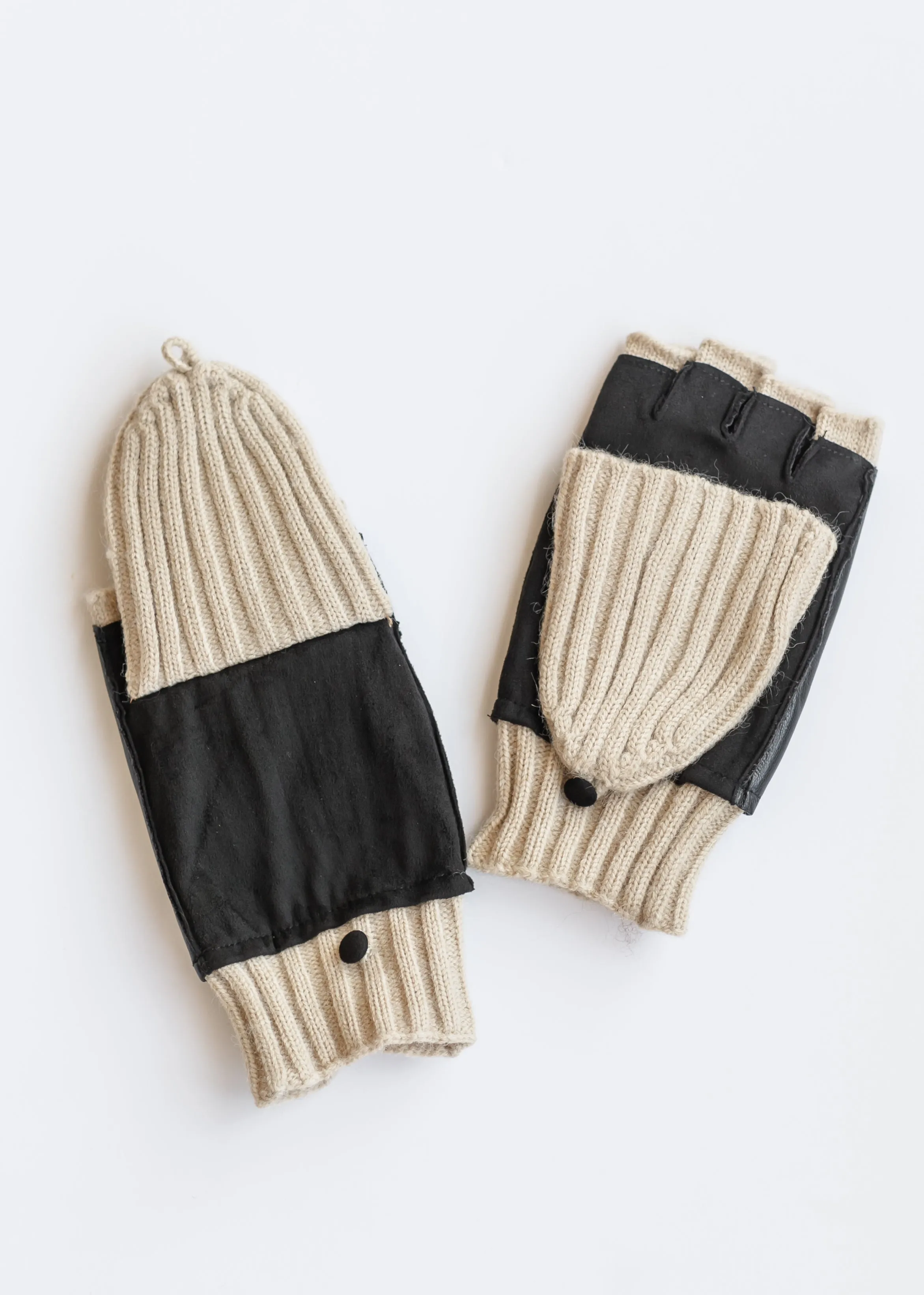 Suede and Leather Wool Knit Flip Mittens - FINAL SALE