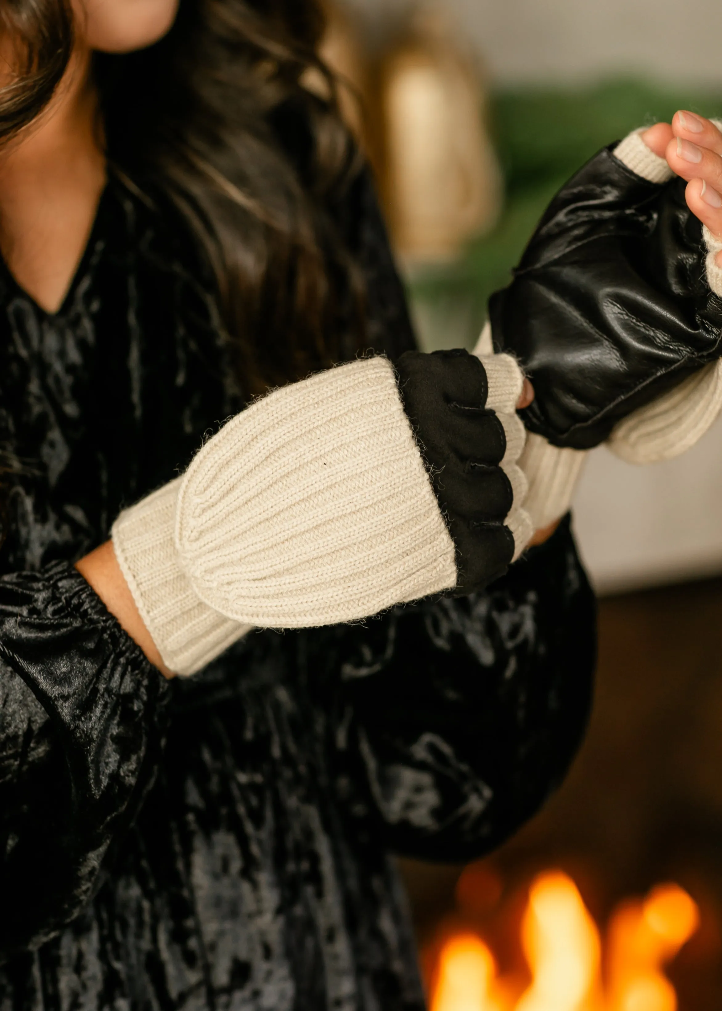 Suede and Leather Wool Knit Flip Mittens - FINAL SALE
