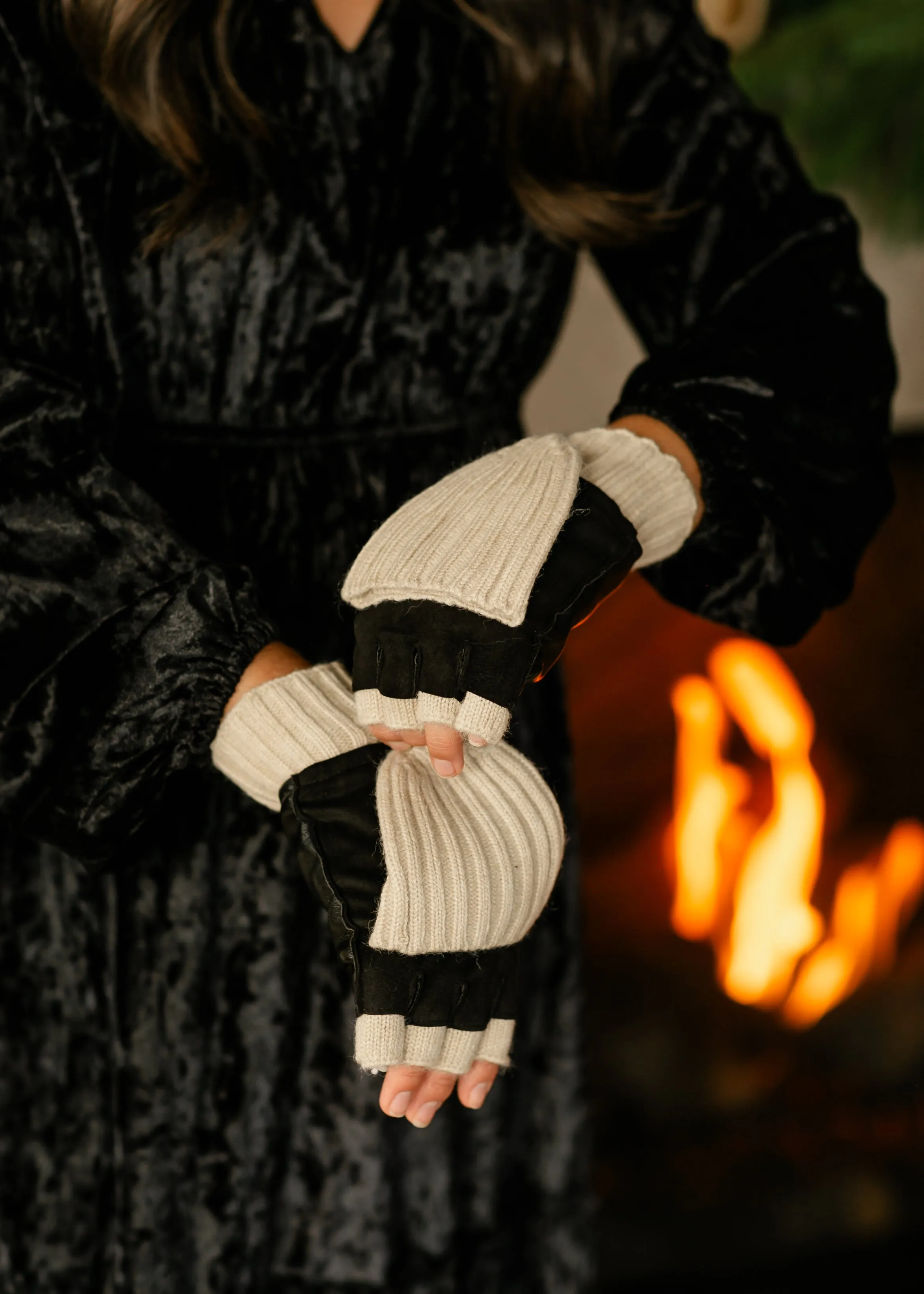 Suede and Leather Wool Knit Flip Mittens - FINAL SALE